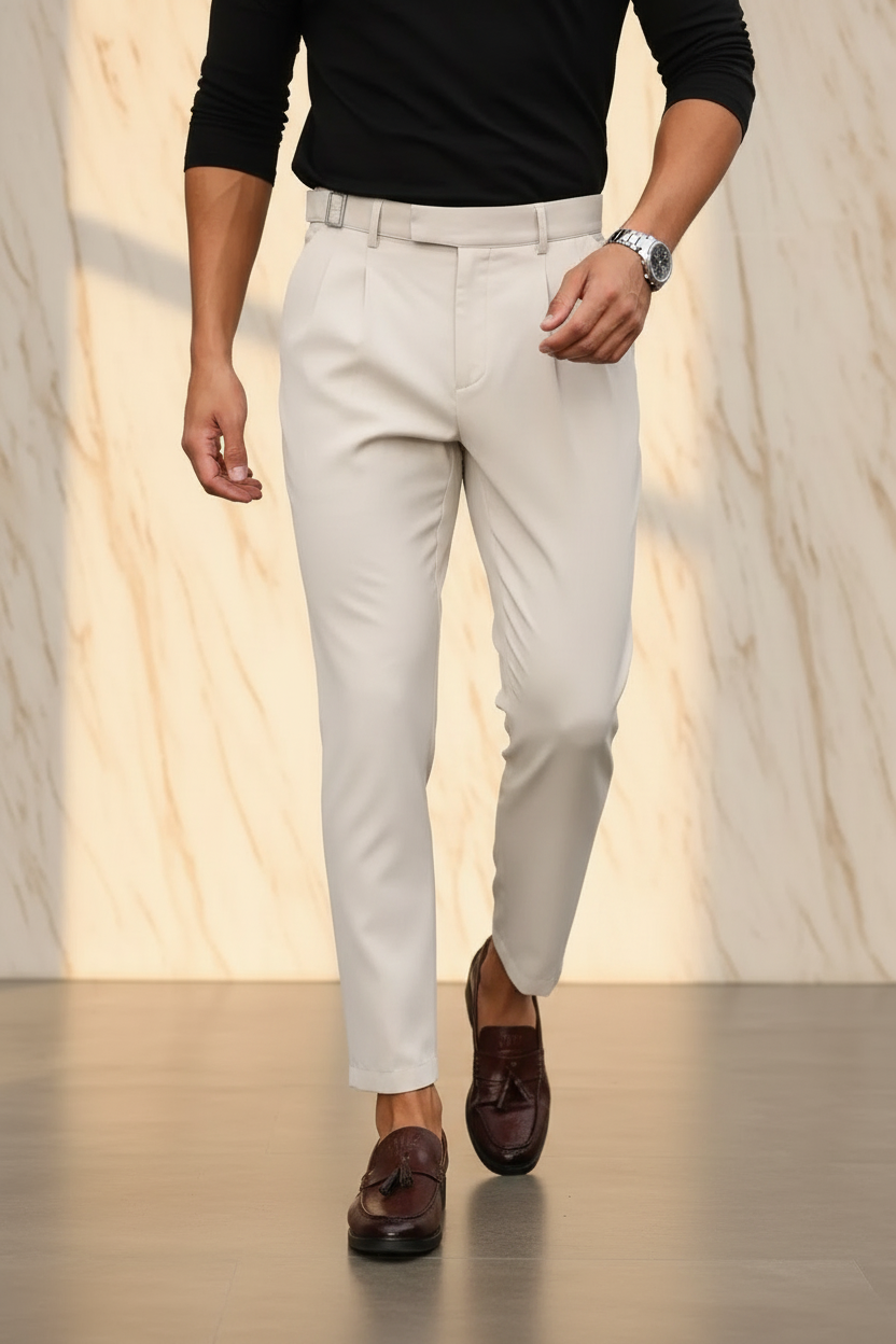Pantalón beige - pose caminando con fondo mármol