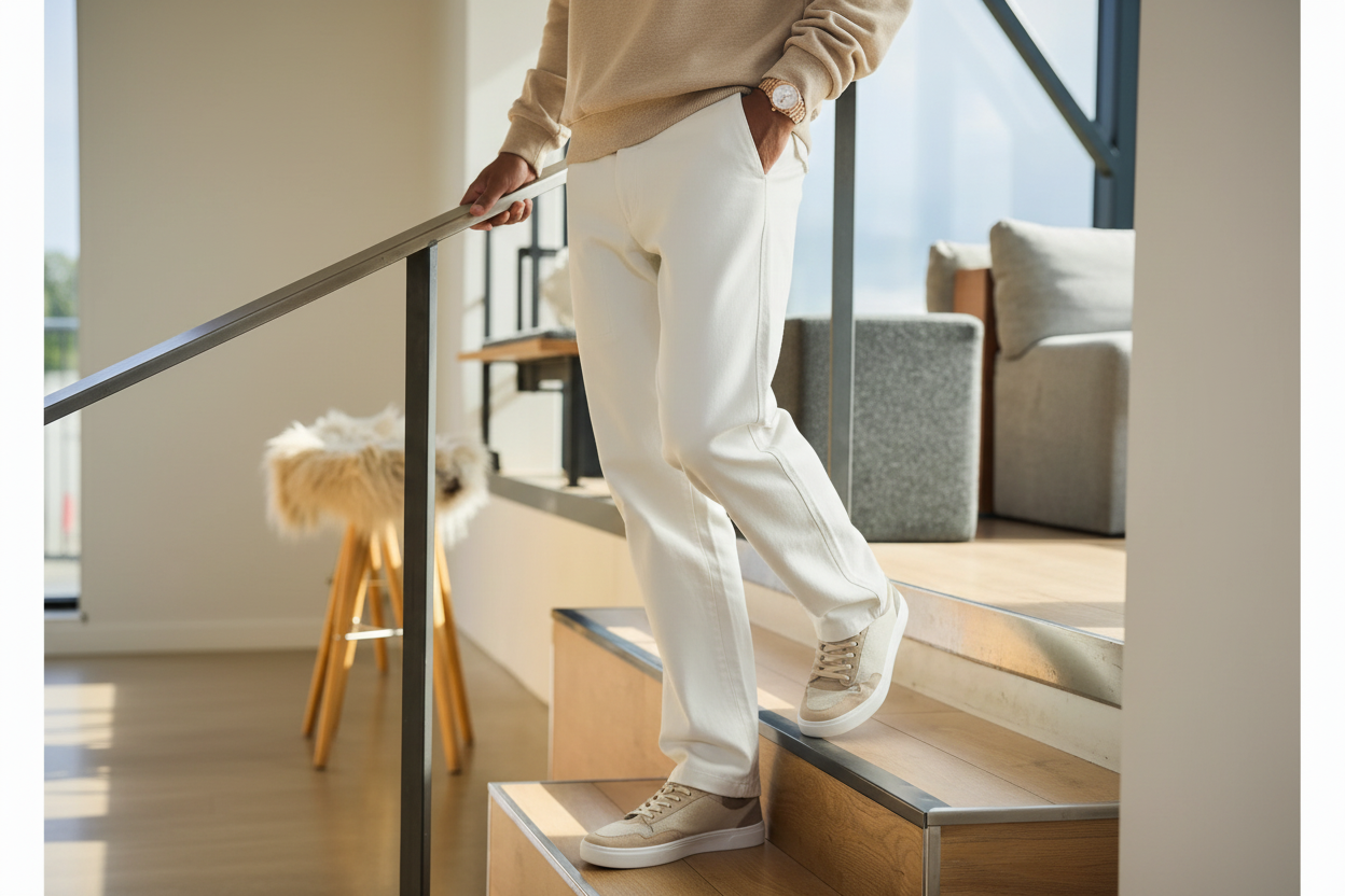 Pantalón crema con zapatillas beige en escaleras