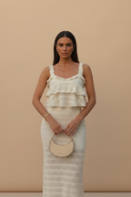 Vestido Maxi Crochet con Volantes — Crema