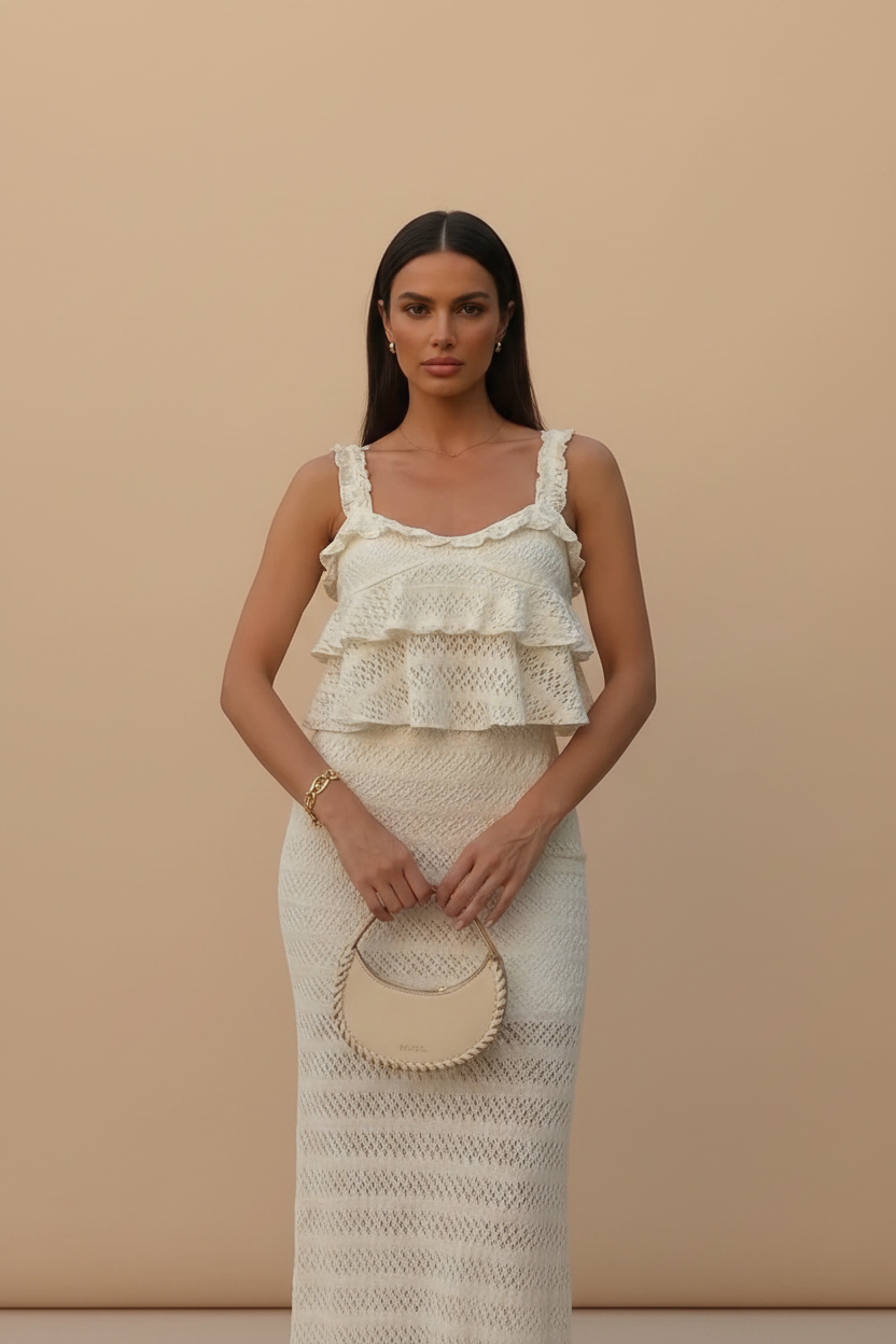 Vestido Maxi Crochet con Volantes — Crema