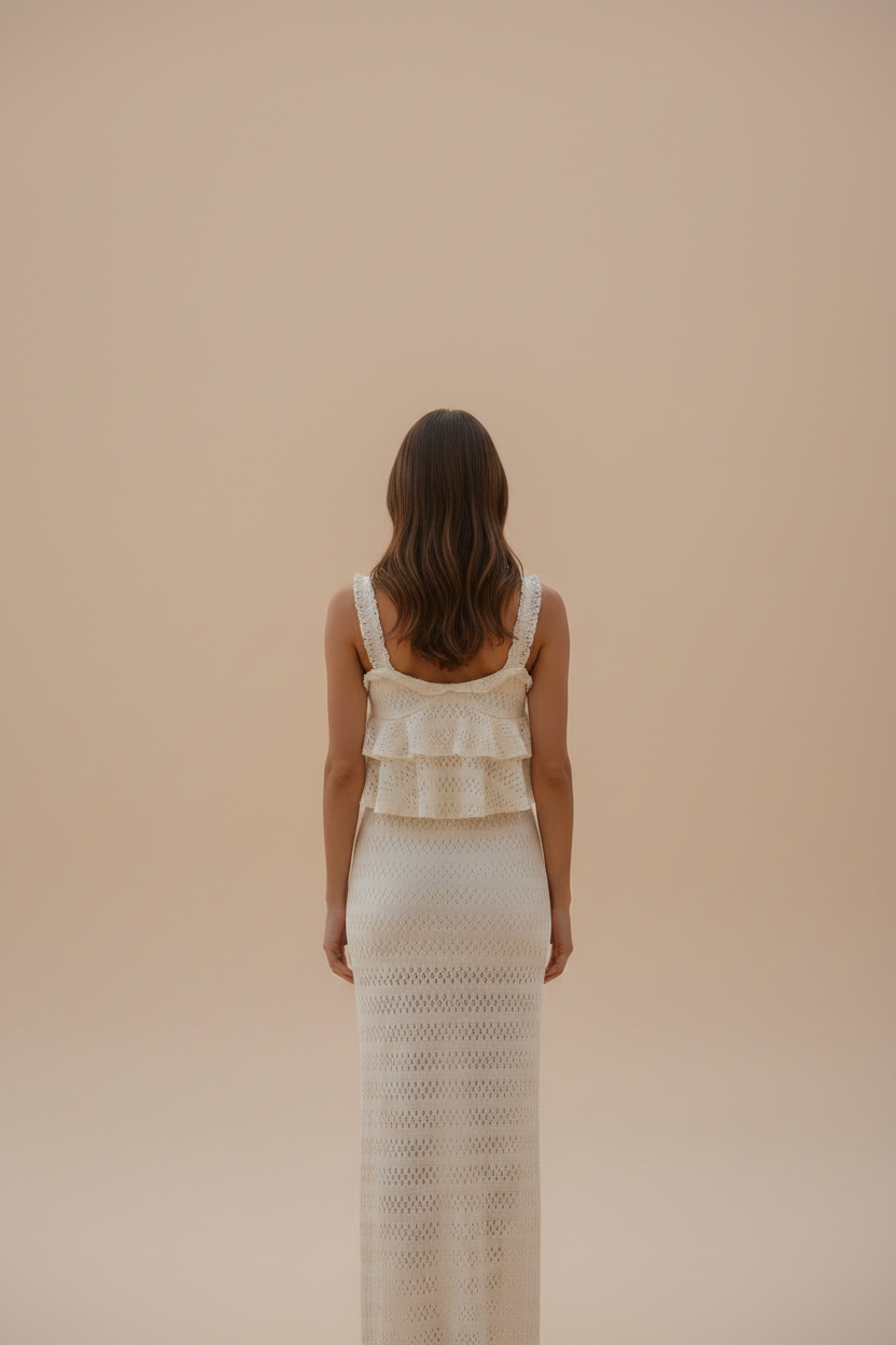 Vestido Maxi Crochet con Volantes — Crema